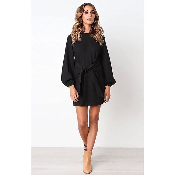 NEW Elegant Long Lantern Sleeve Dress Tie Waist Knit Cocktail Dress XL - Picture 1 of 5